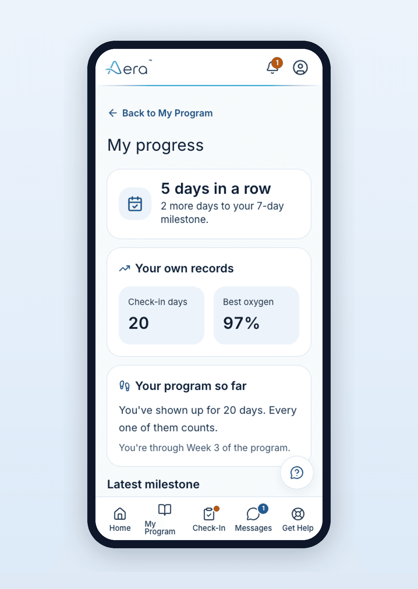 The Aera progress screen showing a running check-in streak, personal records, and weekly program progress