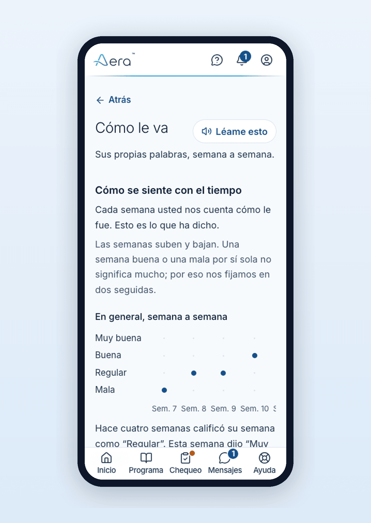 La pantalla de progreso de Aera, con una racha de chequeos en curso, récords personales y el avance semanal del programa
