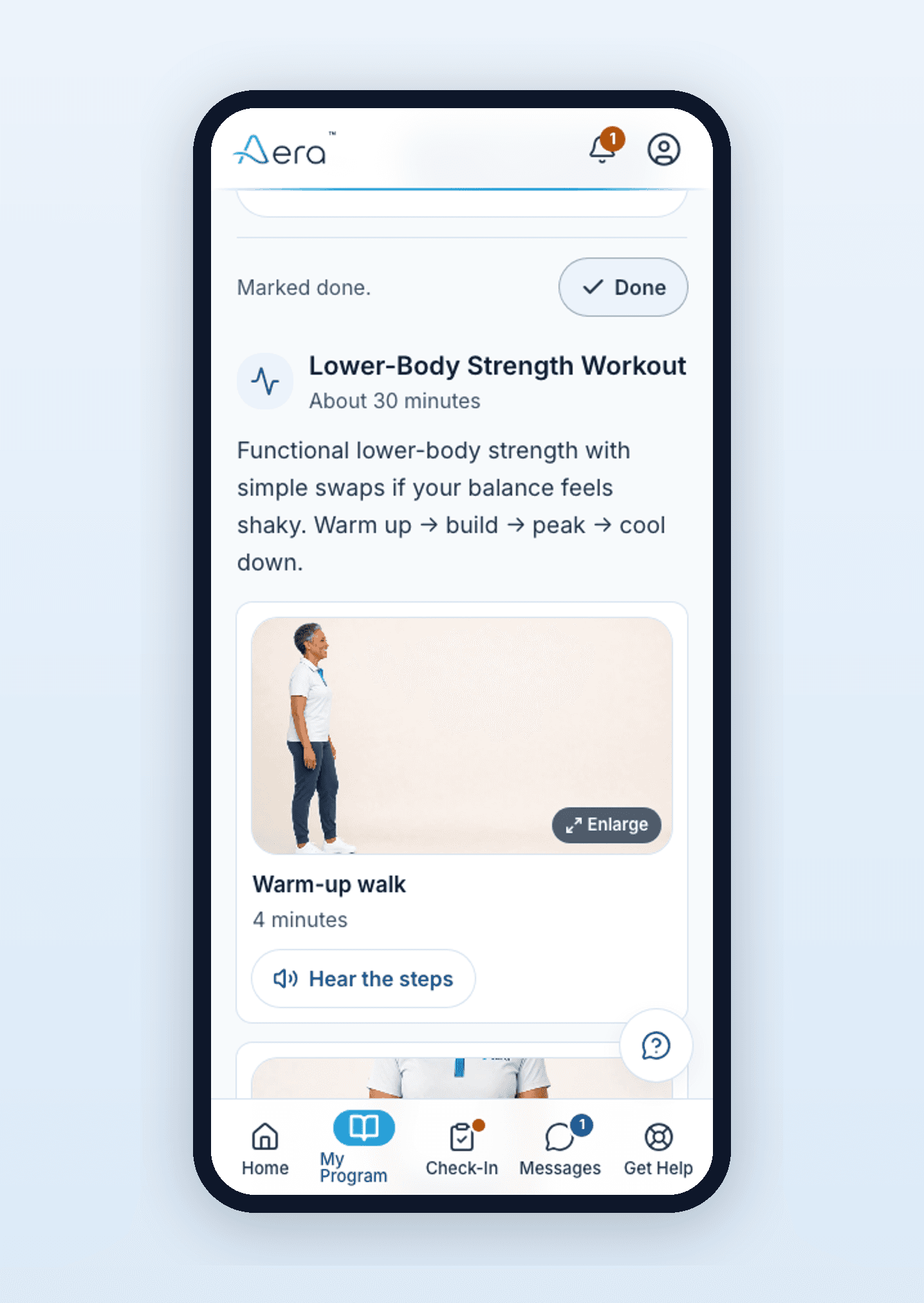 The Aera weekly view: a guided fifteen-minute interval walk with follow-along demonstration videos and plain-language instructions