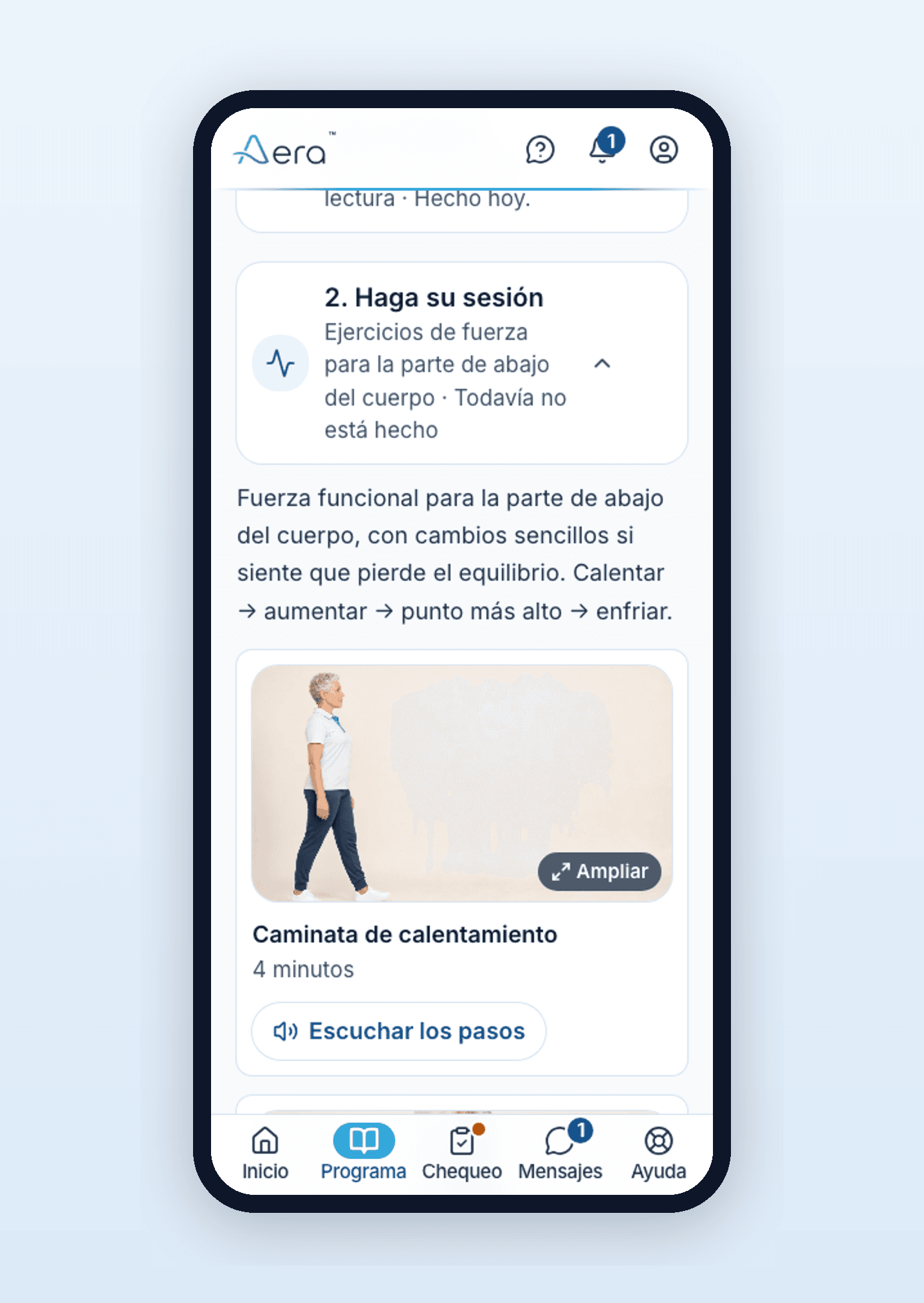 La vista semanal de Aera: una caminata guiada de quince minutos por intervalos, con videos de demostración para hacer al mismo tiempo e instrucciones en lenguaje sencillo