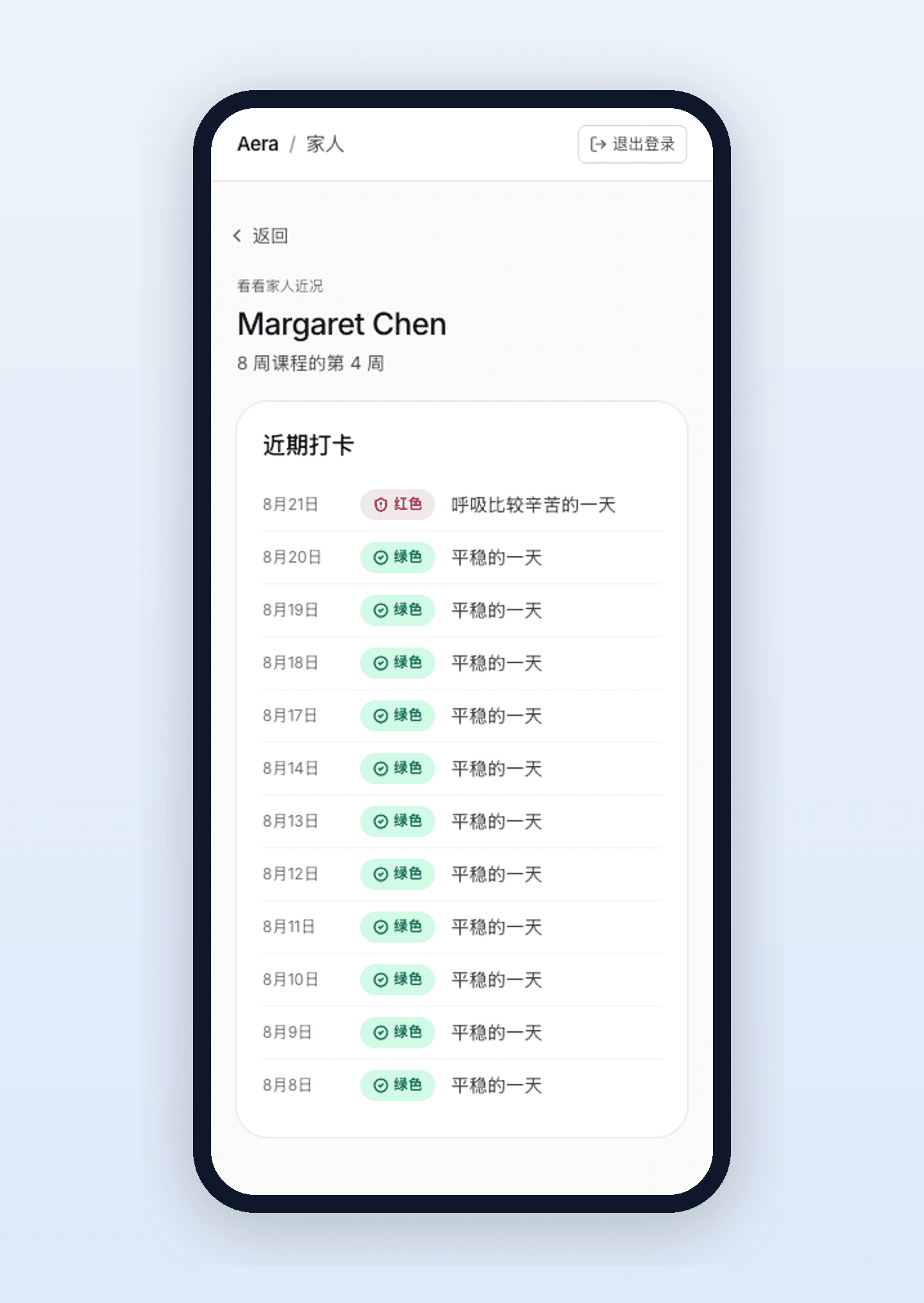 Aera 家人视图：家人近期的每日打卡，多数是平稳的绿色日子，其中有一天是呼吸比较辛苦的红色