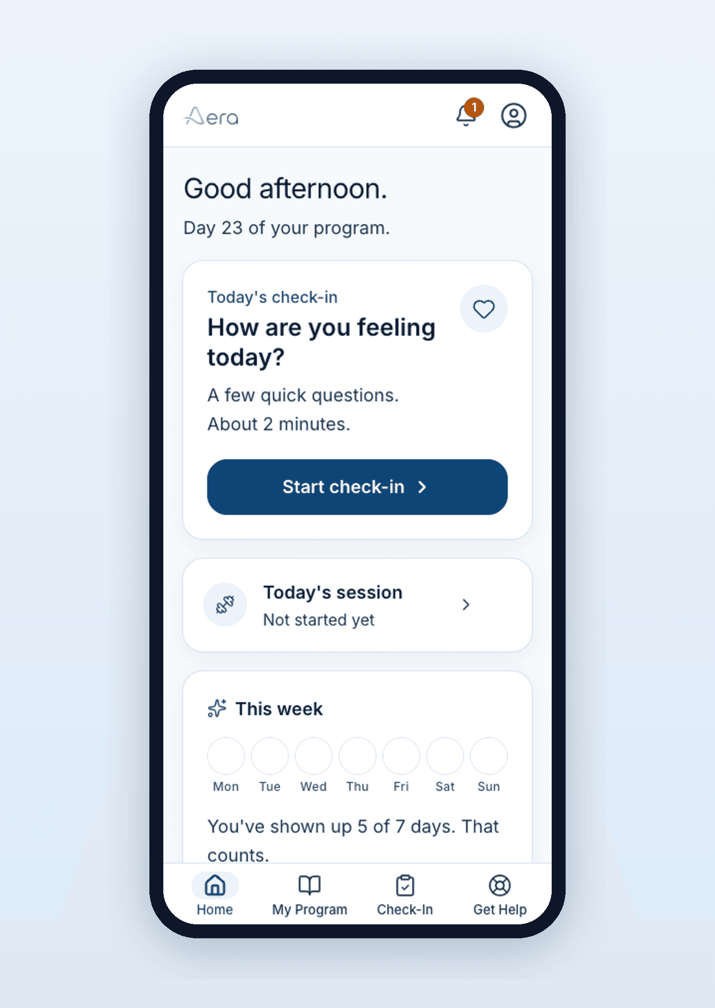 Margaret’s Aera home screen: one large “How are you feeling today?” card with a big Start check-in button and large, easy-to-read text